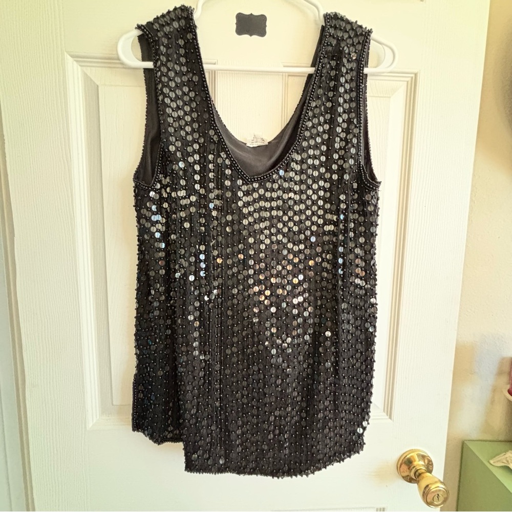 Silk w Sequin Embellished Black Formal Top